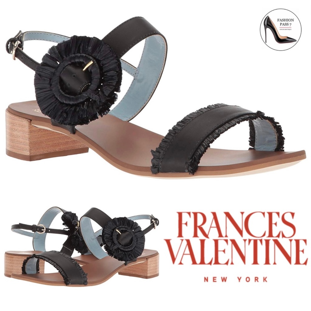 Frances Valentine Joy Block Chunky Heel Black Leather Ankle Strap Sandals Pumps